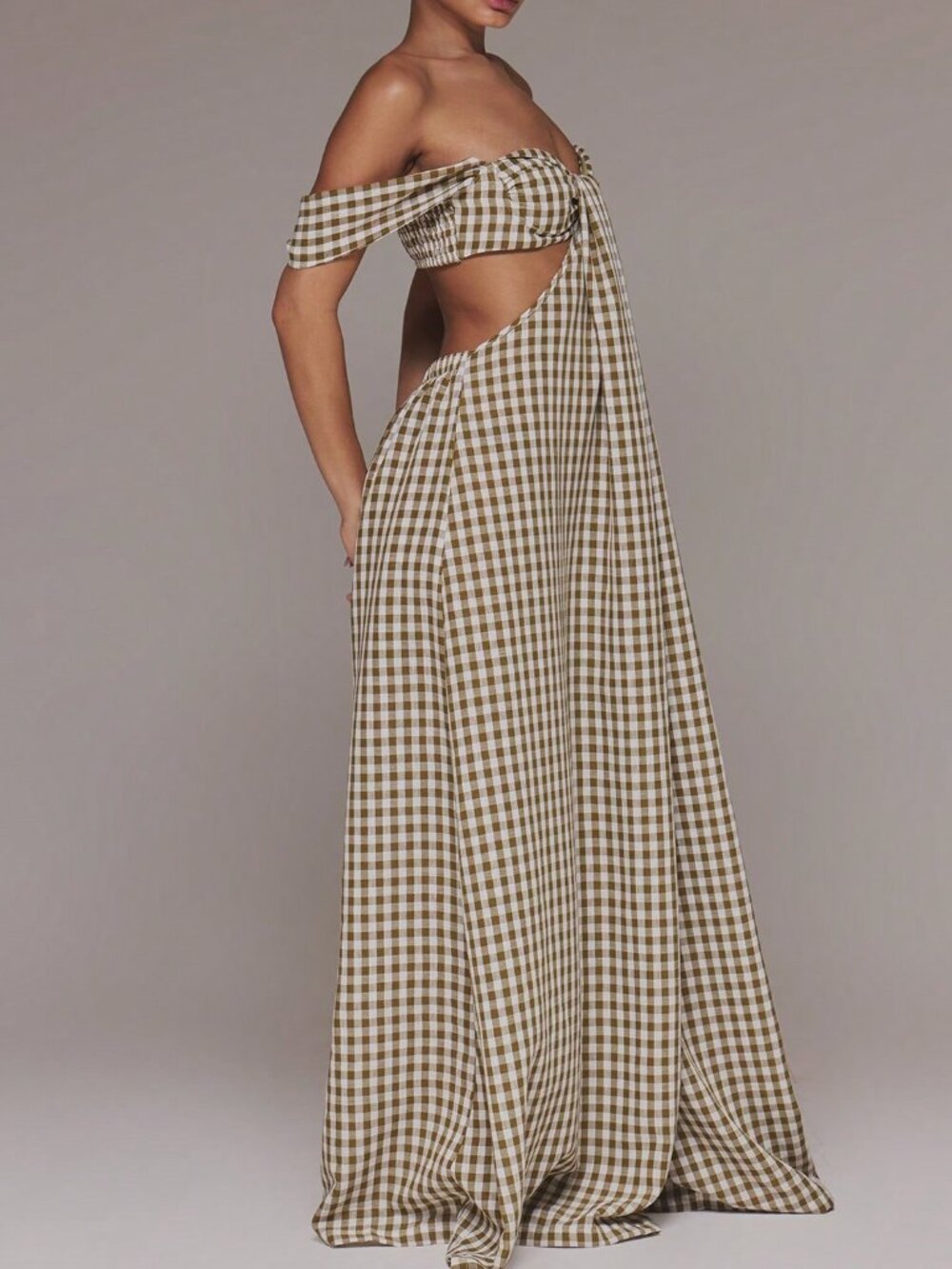 Brown Sexy Women's Gingham Cut-Out Jumpsuit - Picture 4 of 6